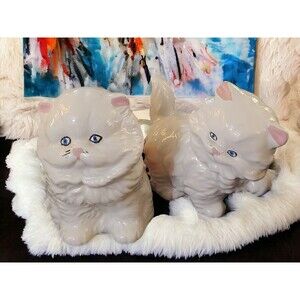 Ceramic Persian Kitten Figurines Handcrafted Vintage 1980 White Blue Cottagecore